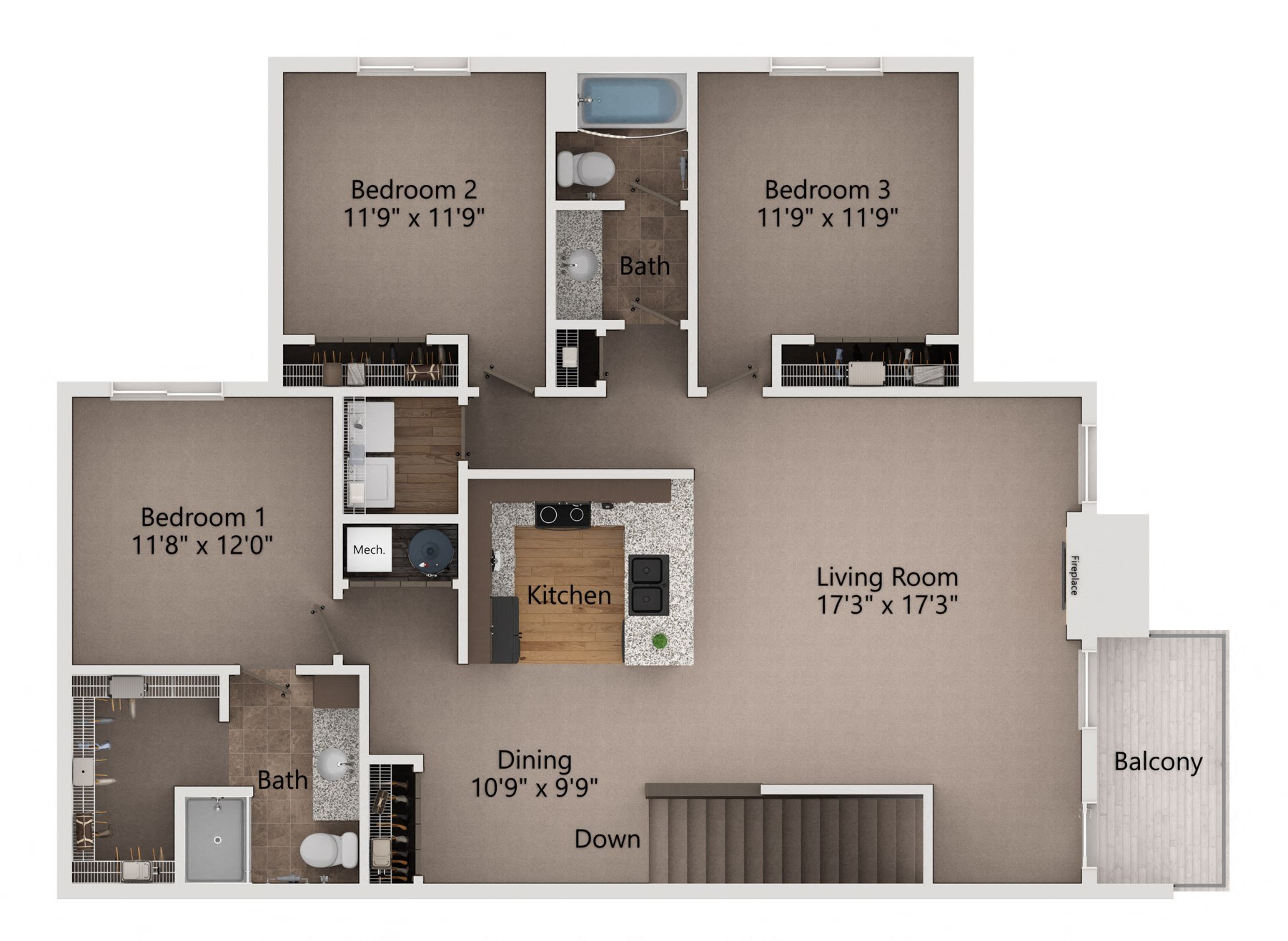 Floor plan for 3 beds, 2 baths, 1434 sqft